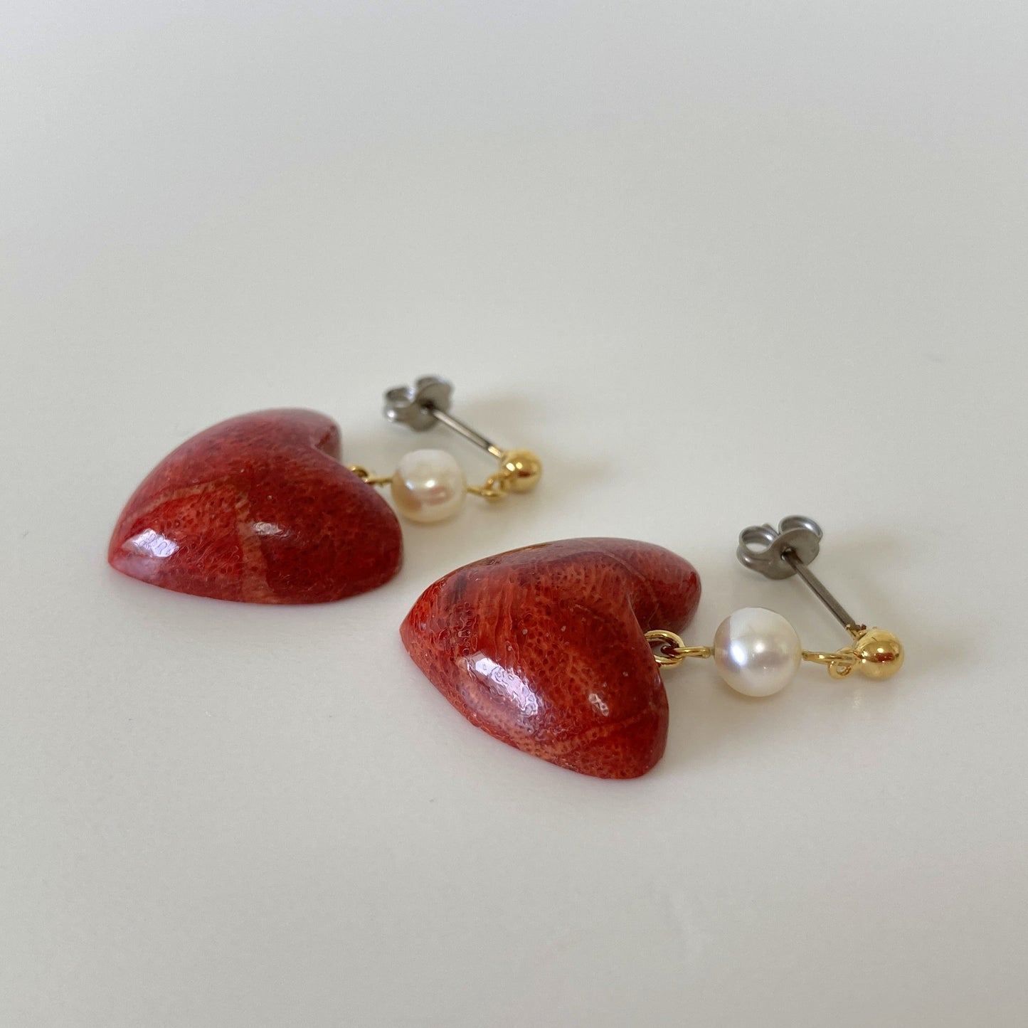 Sponge Coral Stud Earring or Screw Clip Earring, Heart shape natural African coral and fresh water pearl,  Dangle and drop, Genuine coral