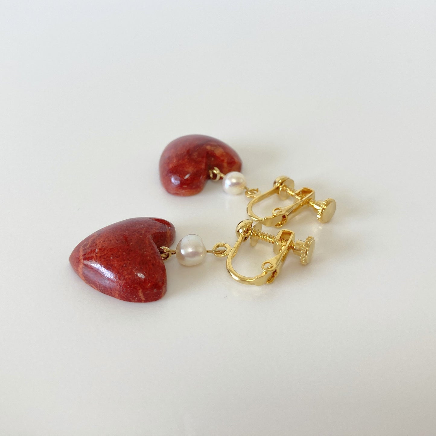 Sponge Coral Stud Earring or Screw Clip Earring, Heart shape natural African coral and fresh water pearl,  Dangle and drop, Genuine coral