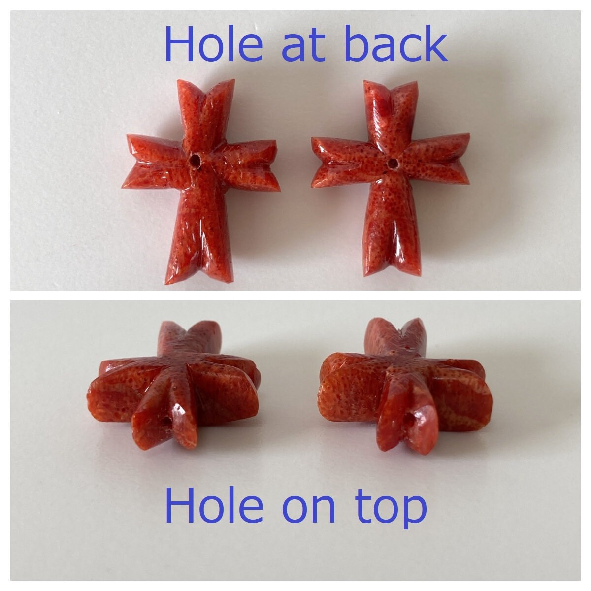 Natural sponge coral cross loose pair 19x15mm, Apple coral cross, For Earrings, Price per pair (No hole/Hole on top/Hole at back)