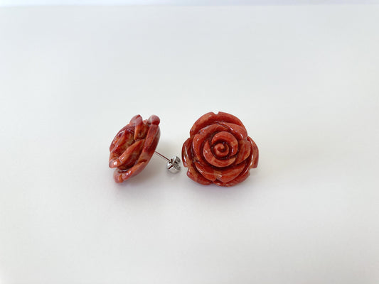 Sponge Coral 20mm Rose Stud Earring, natural African coral, Red color, Brass stud post