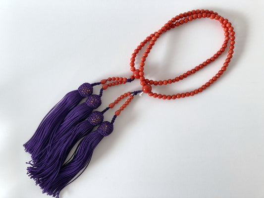 Japanese Rosary, Coral Prayer Beads, Red Round Bamboo Coral (colored), 5mm, Artificial Silk, 108 Pcs.