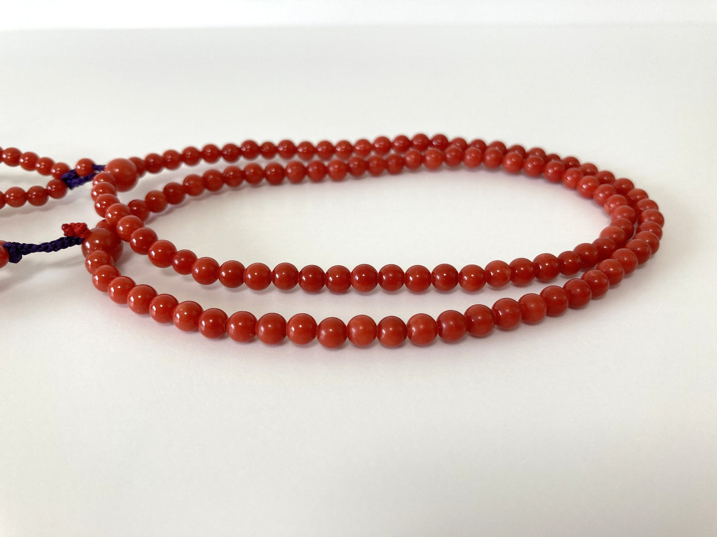 Japanese Rosary, Coral Prayer Beads, Natural Mediterranean Red Coral, 4.5-4.7mm Round Beads, 108 Pcs., Pure Silk, Japanese Style Rosary