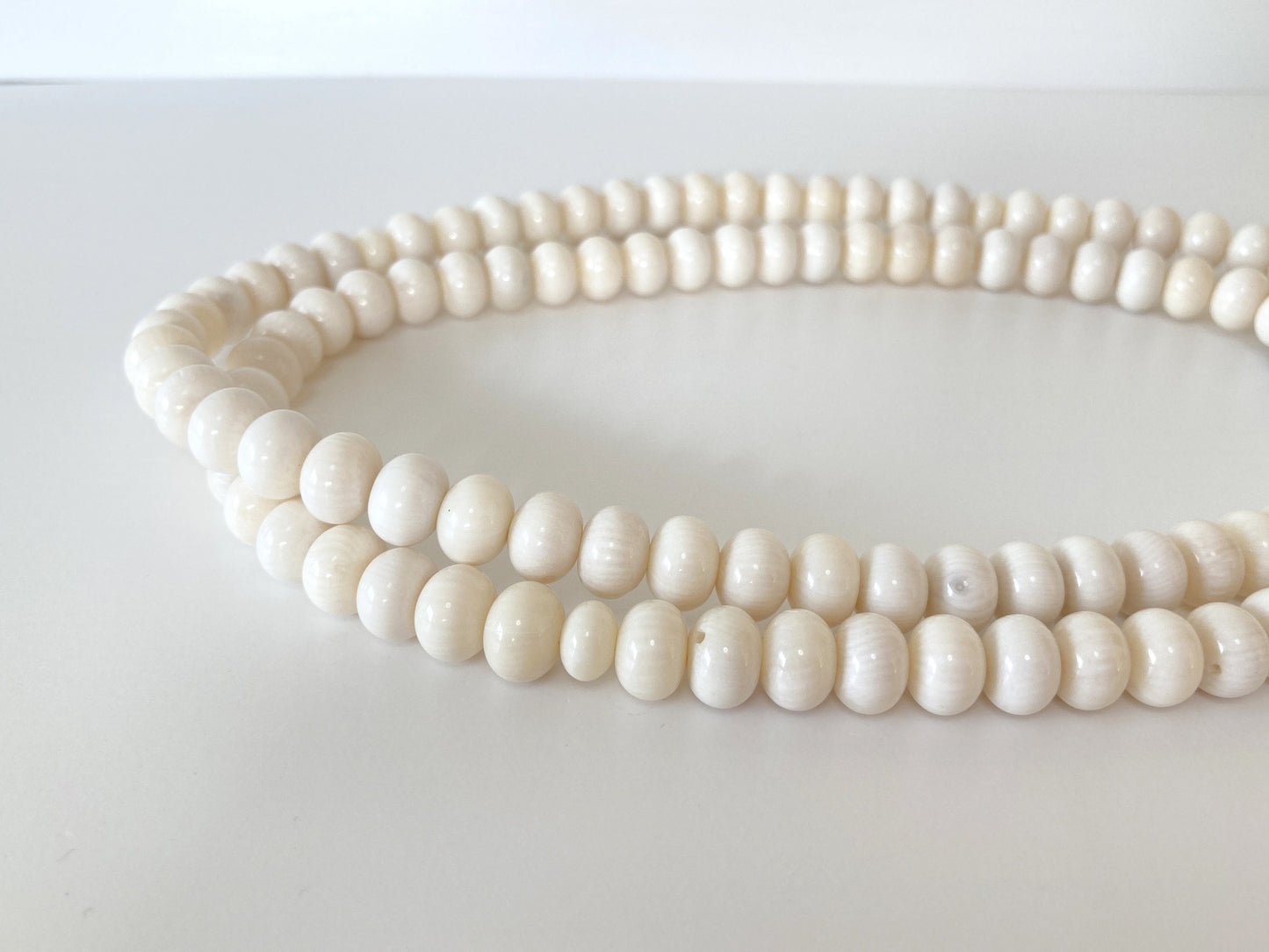 Japanese Big Long Rosary, Coral Prayer Beads, Natural White Bamboo Coral, 10x7mm, Rondelle, Disc Shape, Abacus Beads, 108 Pcs., Pure Silk