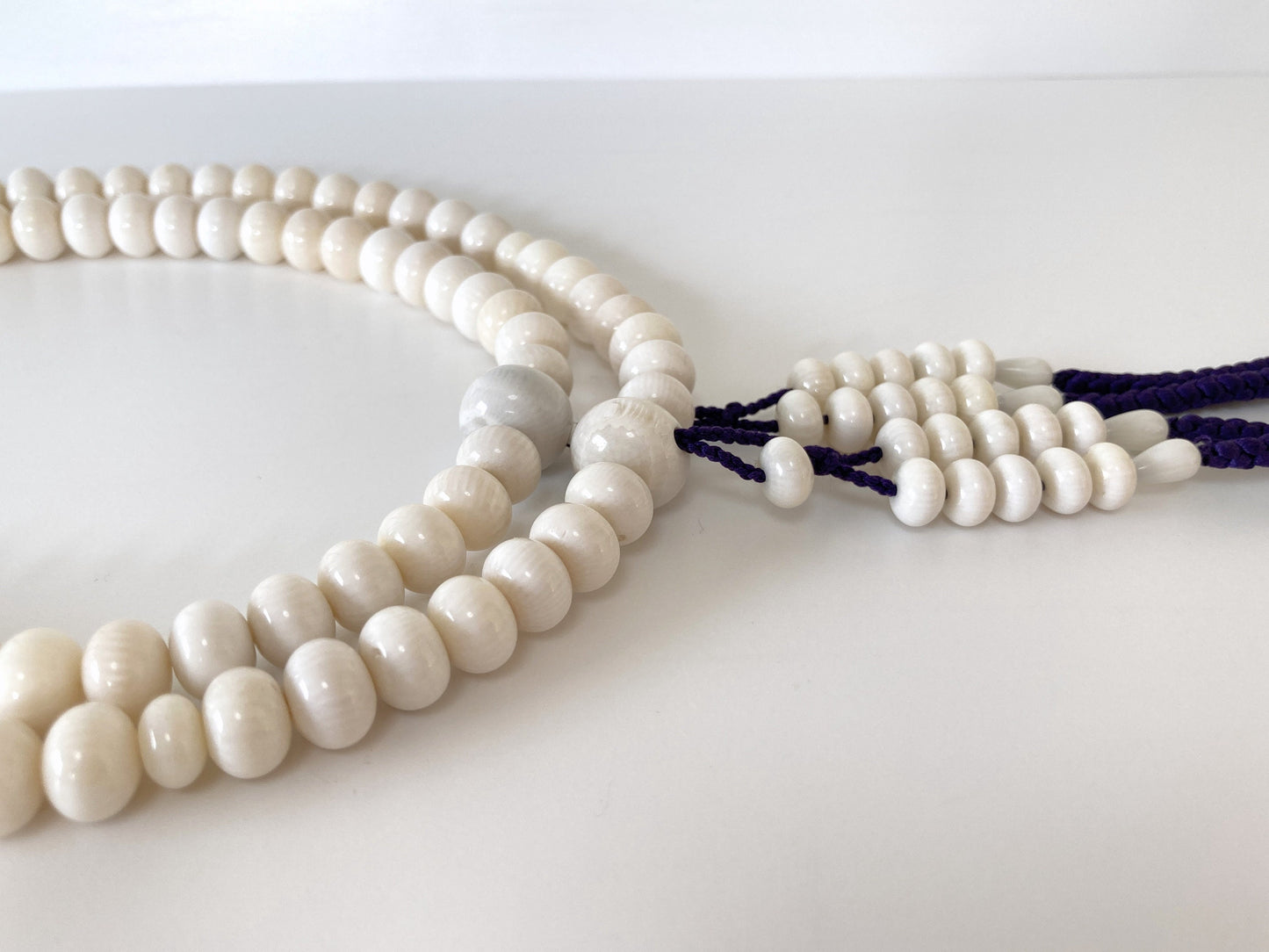 Japanese Big Long Rosary, Coral Prayer Beads, Natural White Bamboo Coral, 10x7mm, Rondelle, Disc Shape, Abacus Beads, 108 Pcs., Pure Silk