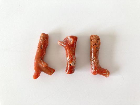 Japanese red(Aka) coral branch , A set of 3 pcs, Natural red color coral for jewelry making, Drilled hole on top