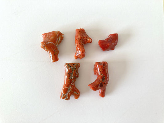 Japanese red(Aka) coral branch , A set of 5 pcs, Natural red color coral for jewelry making, Drilled hole on top