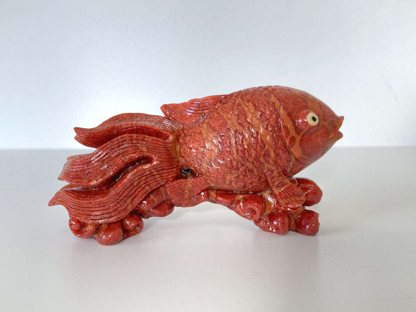 Big 90mm Natural Sponge Coral Goldfish Carving Loose, Apple Coral Fish Carving, For Display