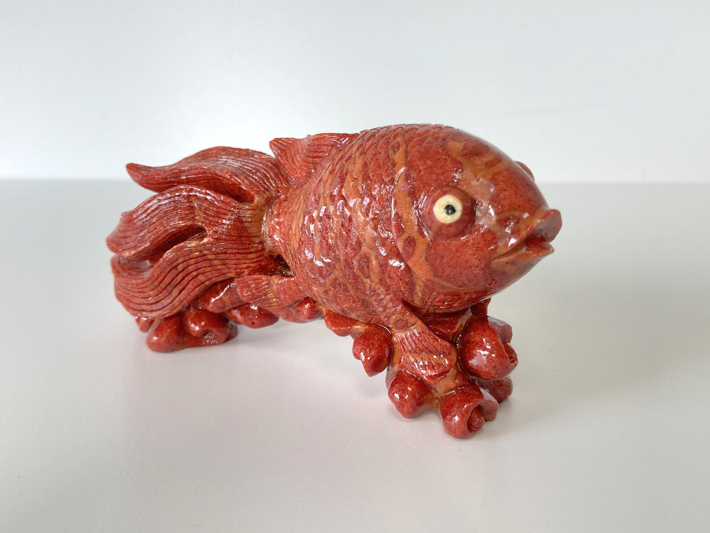 Big 90mm Natural Sponge Coral Goldfish Carving Loose, Apple Coral Fish Carving, For Display