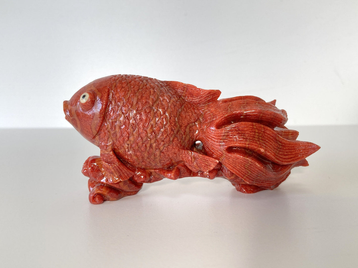 Big 90mm Natural Sponge Coral Goldfish Carving Loose, Apple Coral Fish Carving, For Display