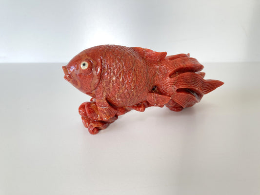 Big 90mm Natural Sponge Coral Goldfish Carving Loose, Apple Coral Fish Carving, For Display