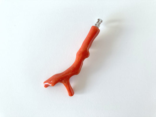 Natural Japanese Red Coral Branch Pendant, Aka Coral Branch, Length 55mm, Natural Color Japanese Red Coral, Silver Bail